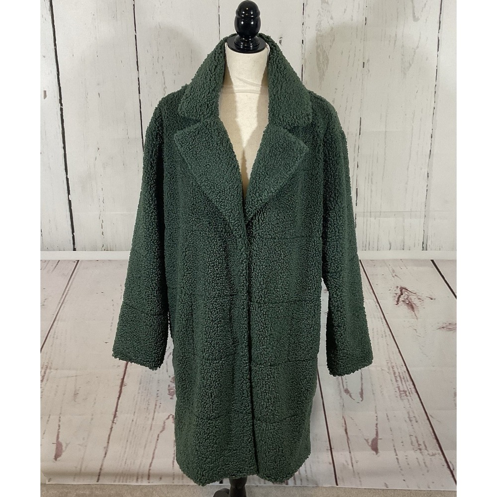 Monrow Teddy Coat Women L Green Faux Fur Sherpa Mid Length Chic Edgy Mob Wife - Picture 2 of 15
